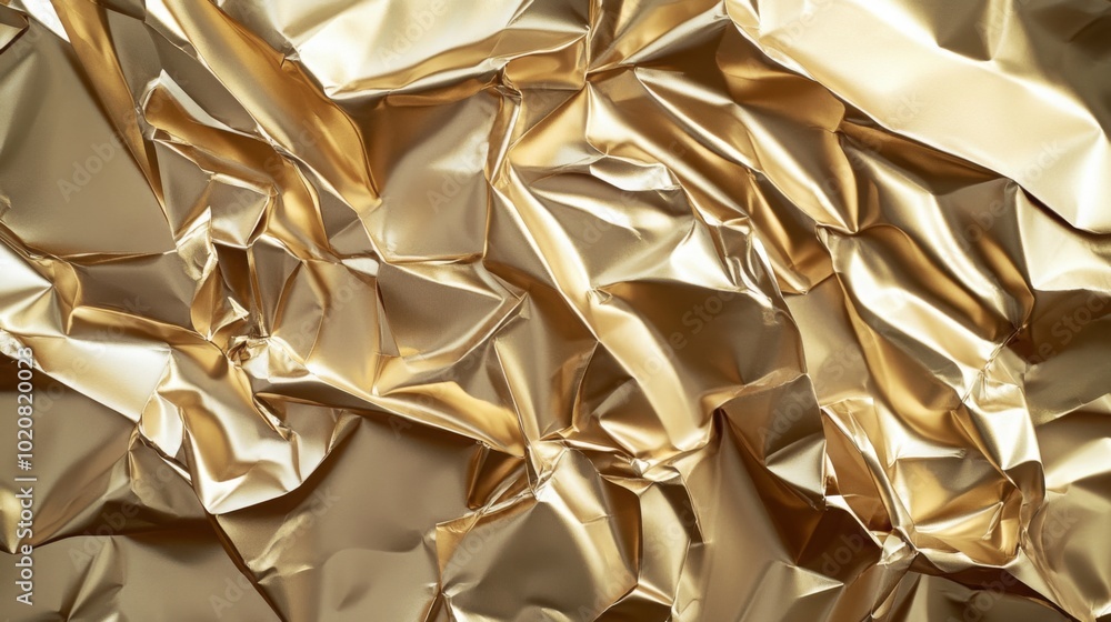 Poster shiny, crumpled golden foil texture with wrinkled surfaces, creating a luxurious and reflective back