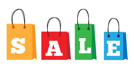 Colorful Shopping Bags with Sale Lettering. Retail sales and commerce objects topic vector art