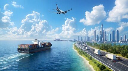 An illustration of cargo ships, acting as air traffic control to make it look like an airplane is flying over the sea next to containers and trucks on roads