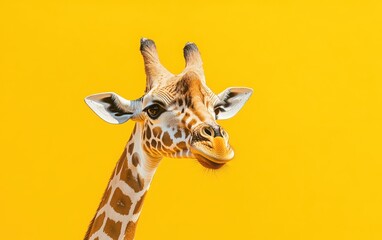 Obraz premium Curious giraffe twisting its neck on a bright yellow background, creating a fun and cheerful visual with a simple, modern design. The lively color adds energy to the illustration 