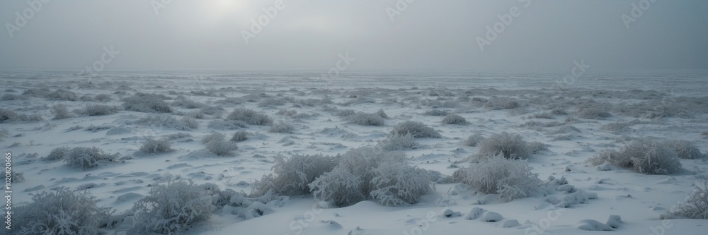 Poster a snowy field with a few bushes in the foreground. the sky is cloudy and the sun is barely visible