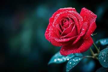 A Single Red Rose with Dew Drops