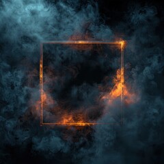 A striking abstract composition featuring swirling blue smoke and fiery orange accents within a defined square frame, Ideal for backgrounds, digital art, and creative projects,