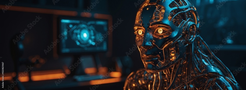 Poster a robot with a face made of metal and wires. the robot is in a room with a computer monitor and a ke
