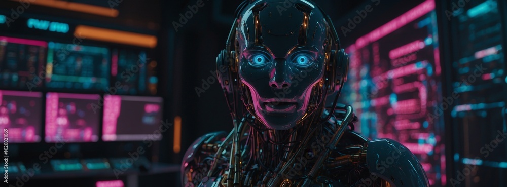 Poster a woman with blue eyes and a robotic face is standing in front of a computer monitor. the monitor is