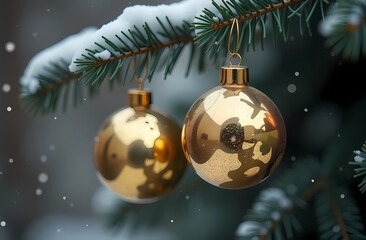 A festive Christmas tree with gold Christmas toys. The mood of the New Year