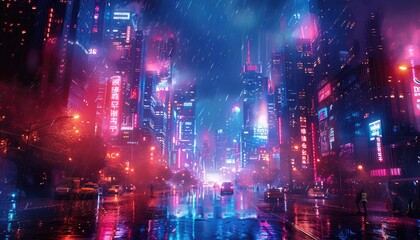 Obraz premium Neon-lit Cityscape Under Rain with Reflections