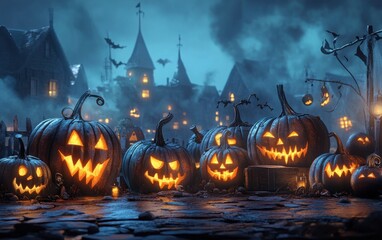 Halloween scene featuring a group of intricately carved jack o' lantern pumpkins, each with a unique spooky face, glowing in the night 