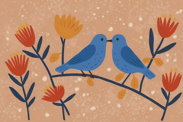 Fototapeta premium Folk-Style Bluebird Illustration with Vibrant Flowers on Branch