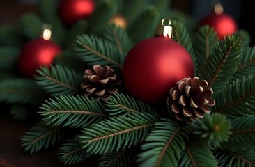 Pine branch with Christmas toys. Holiday mood