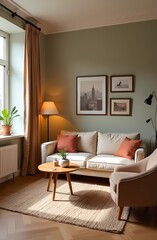 Fototapeta premium Modern apartment with contemporary decor in warm colors and beautiful furniture