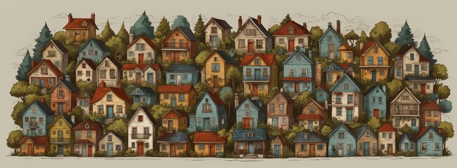 A row of houses with a blue house in the middle. The houses are all different colors. There are many trees in the background
