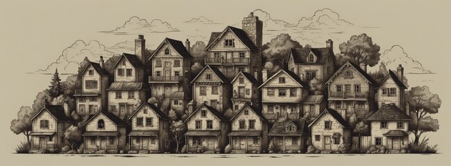 A drawing of a row of houses with a tree in the background. The houses are all different sizes and are lined up in a row