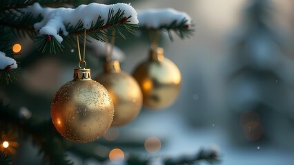 A festive Christmas tree with gold Christmas toys. The mood of the New Year