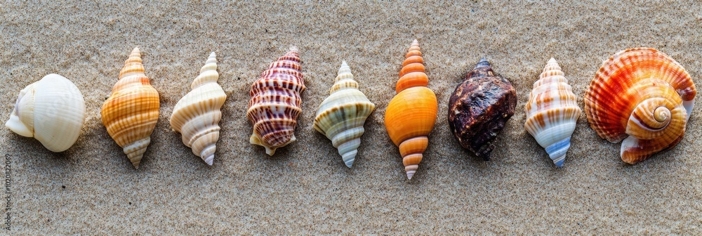 Poster vibrant seashell gathering on sandy shore, an array of colorful seashells displayed on a sunlit beac