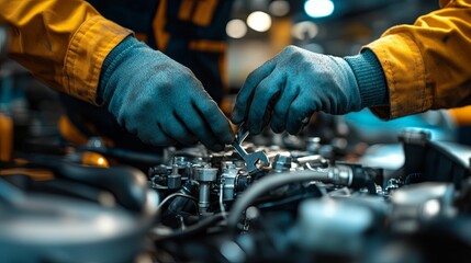 Mechanic's Gloved Hands Working on a Car Engine with Wrench