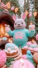 Fototapeta premium A stuffed animal holding a candle in front of cupcakes