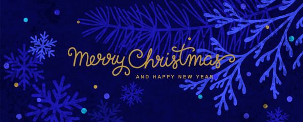 Merry Christmas and Happy New Year banner, greeting card. Beautiful Christmas blue background with Christmas tree branches, snowflake pattern and texture. Vector design for poster, cover, advertising