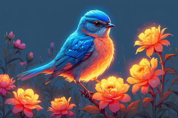 Folk-Style Bluebird Illustration with Vibrant Flowers on Branch
