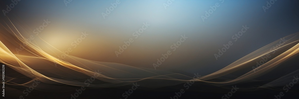 Poster a blue and gold background with a wave pattern. the wave pattern is made up of many small dots