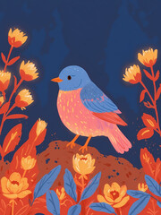 Folk-Style Bluebird Illustration with Vibrant Flowers on Branch