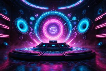 Futuristic Neon Stage with Speakers and Lights.