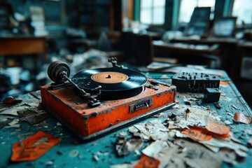 Naklejka premium A dusty old orange record player sits in a cluttered room, with a spinning vinyl, surrounded by paper scraps, capturing a vintage musical ambiance and past memories.