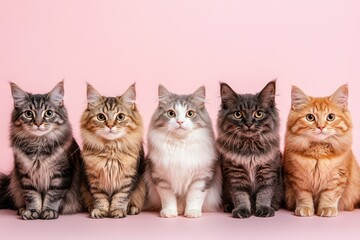 Five cats sitting in a row on purple background