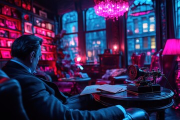 Fototapeta premium A thoughtful man reads documents in a luxurious library bathed in pink lighting, surrounded by books and art, creating an atmosphere of intellectual calm and vintage charm.