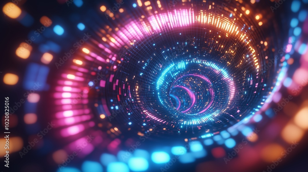 Poster a vibrant swirl of colorful lights creating a digital tunnel effect in an abstract representation of
