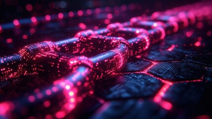 A glowing neon chain link symbolizing the power and connectivity of blockchain technology in cyberspace.