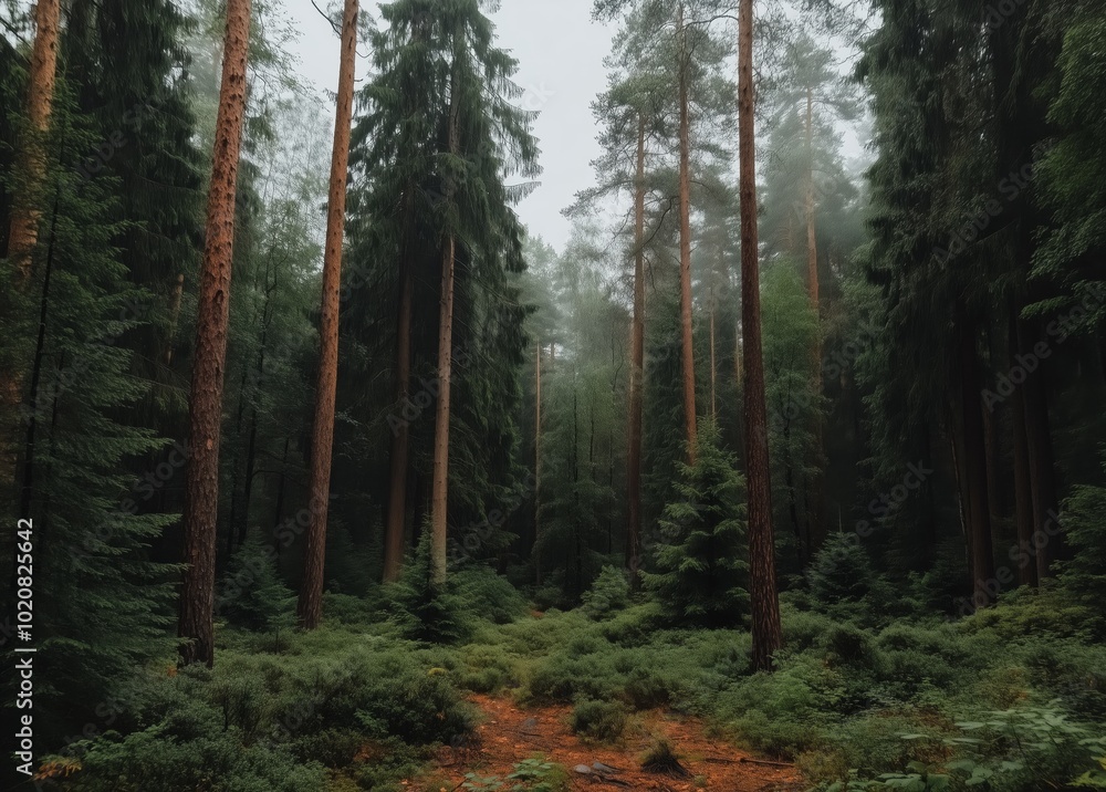 Poster a forest with many trees and a path through it. the trees are tall and green. the sky is cloudy and 