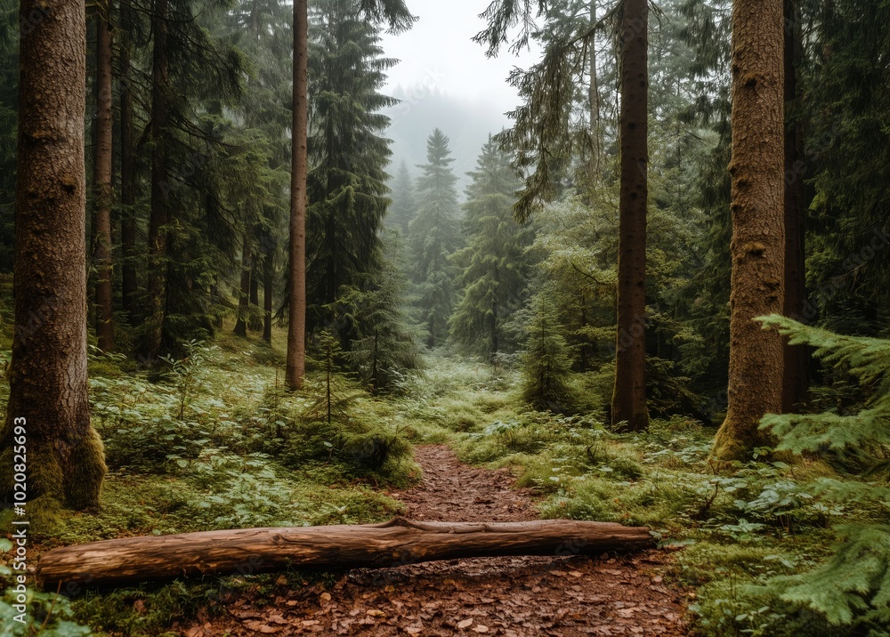 Poster a forest with a path through it. the path is covered in leaves and there is a fallen log