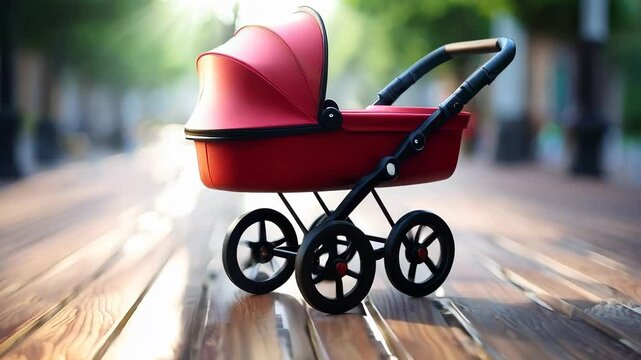 A red stroller is sitting on a wooden floor. The stroller is small and has a black wheel