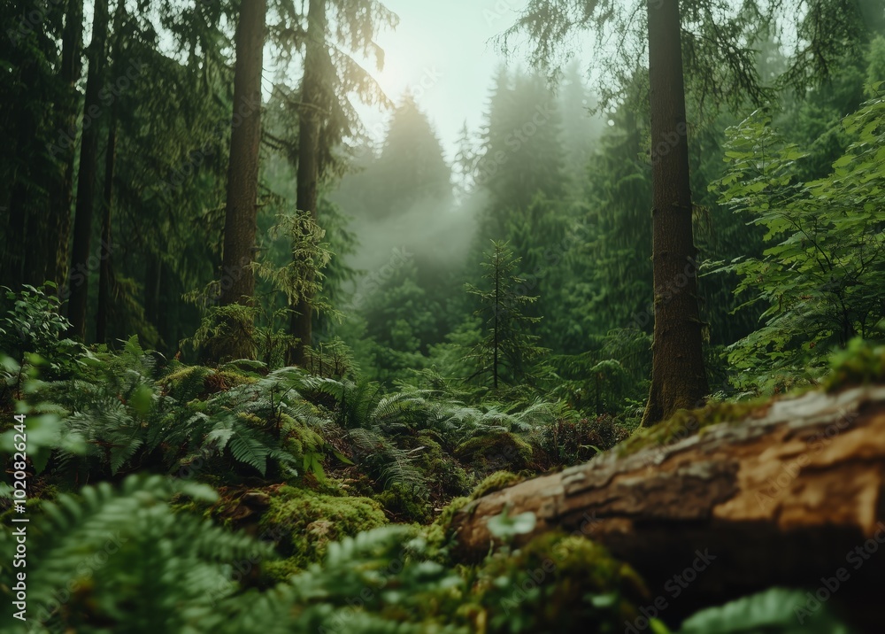 Poster a forest with a large log on the ground. the log is partially covered in moss. the forest is full of