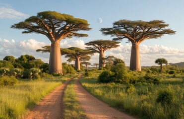 Fototapeta premium A road runs through a field of trees. The trees are very tall and are spread out across the field