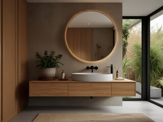 A minimalist bathroom features a wooden vanity with a large round mirror and a single pendant light