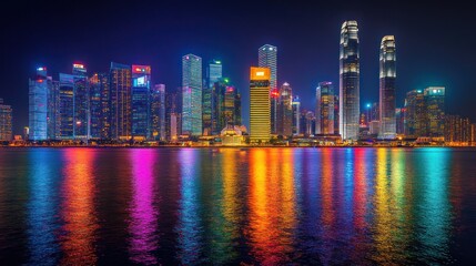 Fototapeta premium Illuminated Skyscrapers Reflecting in Water at Night