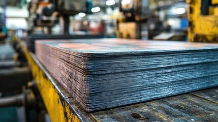 Stack of metal sheets in a factory. The image is ideal for illustrating concepts related to manufacturing, industry, or metalworking.