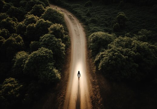 A woman is walking down a dirt road. The road is surrounded by trees