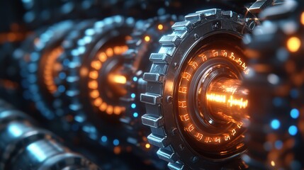 Fototapeta premium Close-up of glowing mechanical gears with blue and orange lights, showcasing high-tech precision engineering in a futuristic industrial setting.
