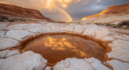 A large, deep, brown and white pond. The water is reflecting the sky and the clouds