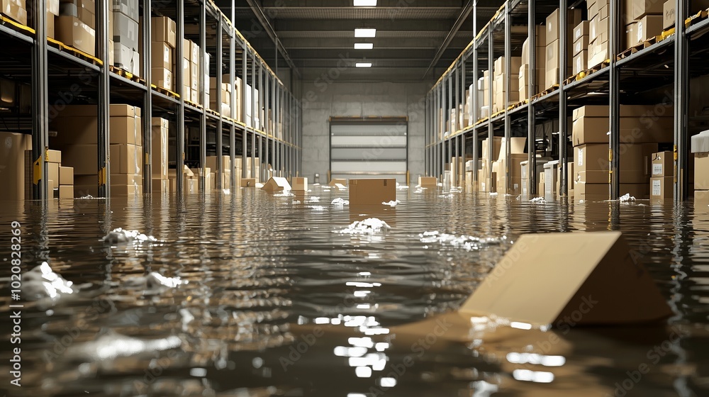 Poster flooded warehouse with floating cardboard boxes signifies disaster and loss.