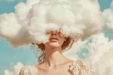 A woman with a cloud on her head. She is wearing a white dress