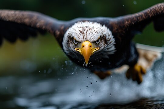 A powerful eagle swoops down close above a water body, capturing attention with its sharp gaze and dynamic pose, epitomizing strength and precision in nature's realm.