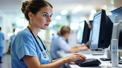 young nurse engaged in answering a phone call and operating a desktop PC at the hospital reception, capturing the essence of patient coordination and front-line healthcare administ
