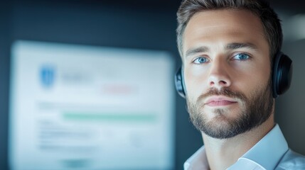 A man wearing headphones is looking at the camera