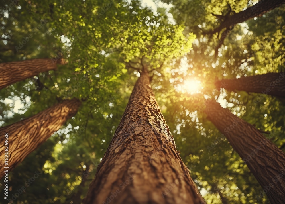 Poster a tree trunk is shown in the foreground of a forest. the trunk is surrounded by many leaves and bran