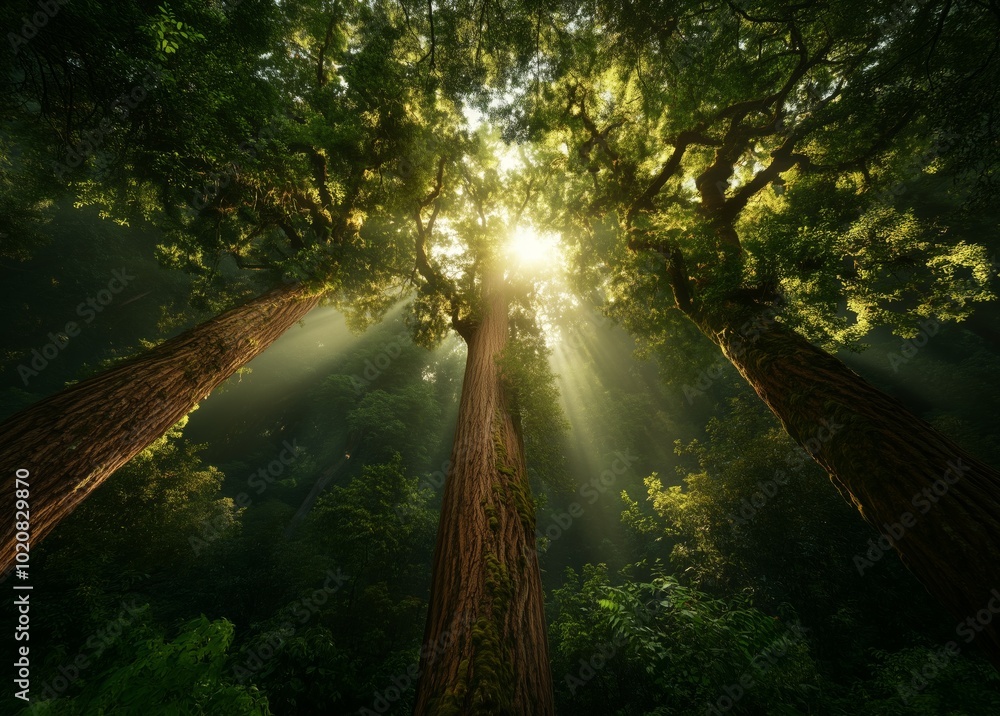 Poster three trees are in the foreground of the image. the trees are tall and green. the sun is shining thr