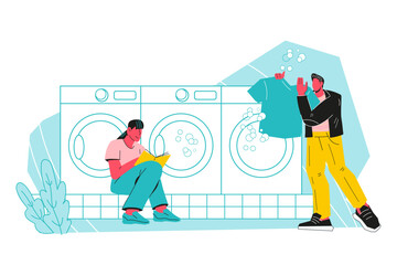 People washing and drying clothes in a self-service laundromat, flat cartoon vector illustration isolated on white background. People doing laundry.